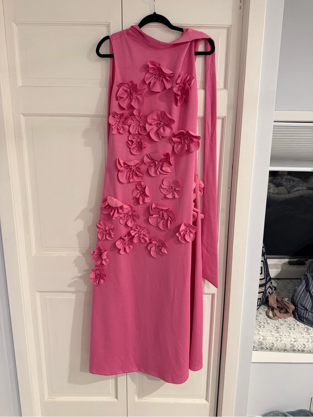 Pink Floral Appliqué Dress. Perfect for a black tie wedding or bridesmaid dress